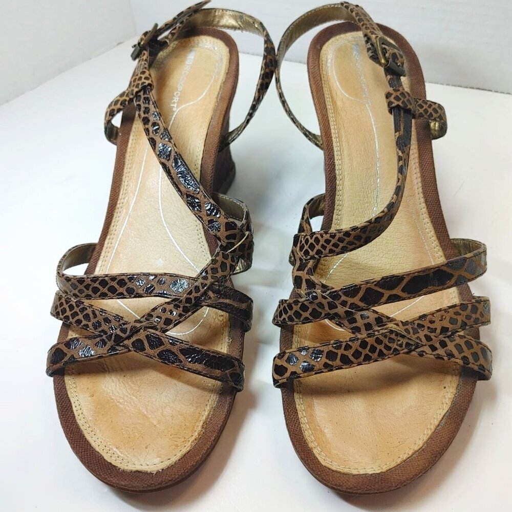 ROCKPORT Snake Print Slip-On Strappy Wedge Sandals Summer Shoes Black Brown 9M